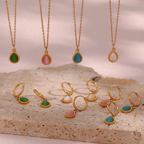 Ensemble Collier et Boucles d'Oreilles Pendentif Goutte en Acier Inoxydable Plaqué Or Bijoux Pierre Oeil de Chat pour Femme