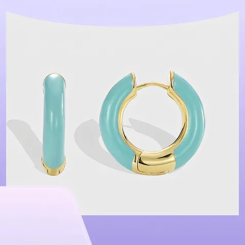 Orecchini a Cerchio in Rame Placcato Oro 18K per Donna Smalto Blu Chiaro Tondo Geometrico a Forma di C Gioielli alla Moda