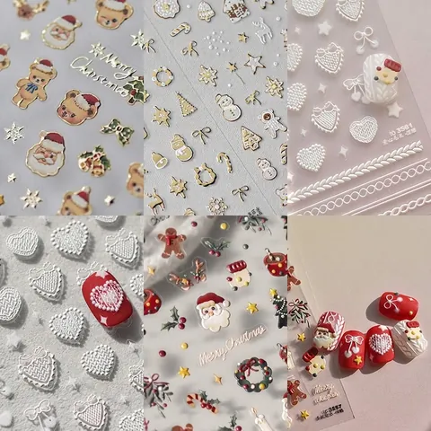 Nail Art Stickers 3D Relief Embossed Christmas Winter Knit Pattern Heart Bow Self Adhesive DIY Manicure Decoration