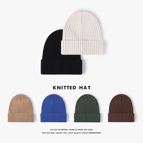 Winter Warm Cotton Ribbed Knitted Beanie For Men Women Outdoor Windproof Folded Cuff Skullcap Solid Color Fisherman Hat Beanie