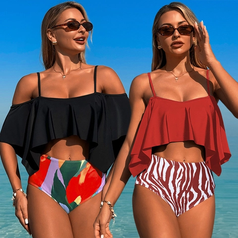 Top E Fondo Bikini Da Donna Costume Da Bagno Top Con Volant Vita Alta Fondo Stampato Spiaggia Vacanze Nylon