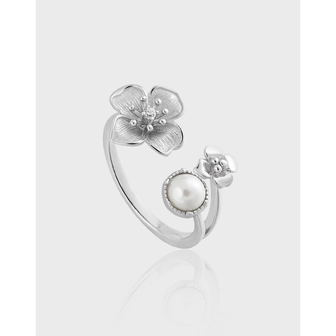 S925 Sterling Silver Flower Open Ring For Women Elegant Korean Style Zirconia Artificial Pearl Adjustable Finger Ring