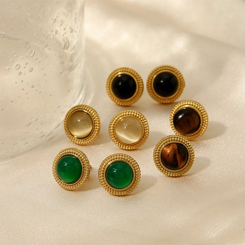 Vintage Round Stud Earrings Stainless Steel With Natural Stone Agate Tiger Eye Cat Eye Simple Jewelry For Women