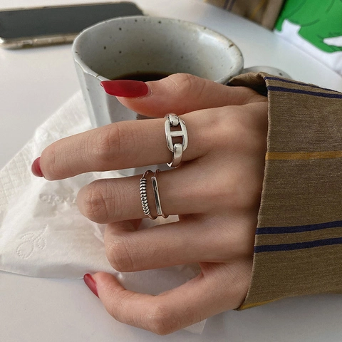925 Sterling Silber Ring Vintage Ankerkette Doppelreihig Geometrisch Offen Verstellbar Schmuck Für Damen
