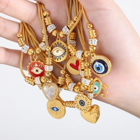 Titanium Steel Evil Eye Bracelet For Women Adjustable Snake Chain Rhinestone Enamel Heart Pendant Fashion Jewelry Gift