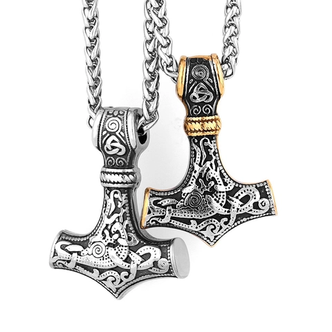 Collar Con Colgante De Martillo De Thor Mjölnir Acero Inoxidable Vikingo Nórdico Odin Runas Nudo Celta Joyería Punk Vintage Hombre
