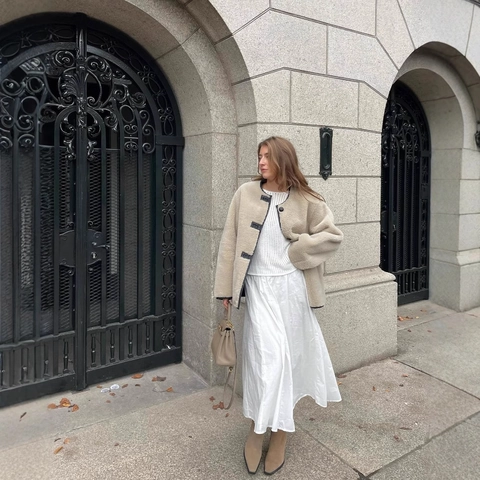 Women Faux Fur Jacket Contrast PU Leather Piping Crew Neck Long Sleeve Plush Button Coat Warm Casual Outerwear