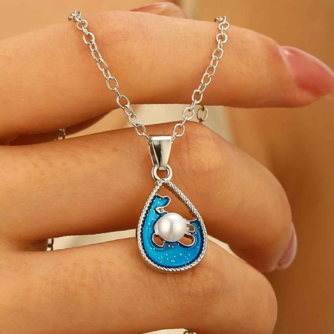 Alloy Enamel Sea Wave Sun Pendant Necklace For Women Silver Tone Blue Water Drop Faux Artificial Pearl Crystal Hawaiian Beach Jewelry