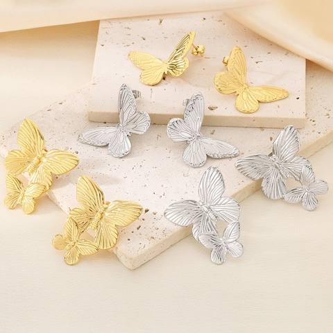 Pendientes De Botón De Mariposa Minimalistas Alas Texturizadas Acero Inoxidable Retro Tono Dorado Joyería De Moda Para Mujer