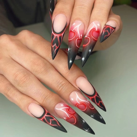 Stiletto Press On Nägel Lang Gradient Gothic Halloween Kirsche Herz Flamme Stern Künstliche Falsche Nägel Für Frauen