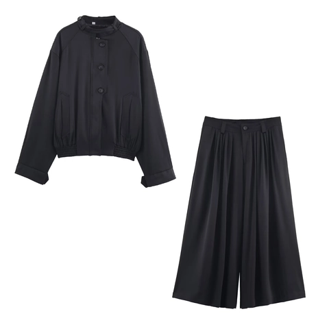 Damen Outfit Stehkragen Jacke Mit Knopfleiste Und Plissierte Weite Hose Mit Hoher Taille Lässig Herbst Streetwear