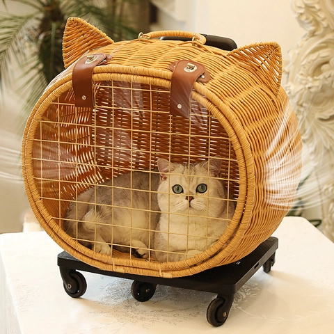 Handmade Rattan Pet Carrier Trolley Case Wicker Cat Ear Shape Rolling Travel Bag Breathable With Wheels For Cats Dogs