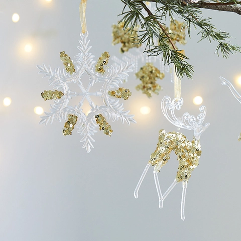 Decorazioni Natalizie Da Appendere Acrilico Trasparente Paillettes Oro Fiocco Di Neve Cervo Ballerina Albero Arredo