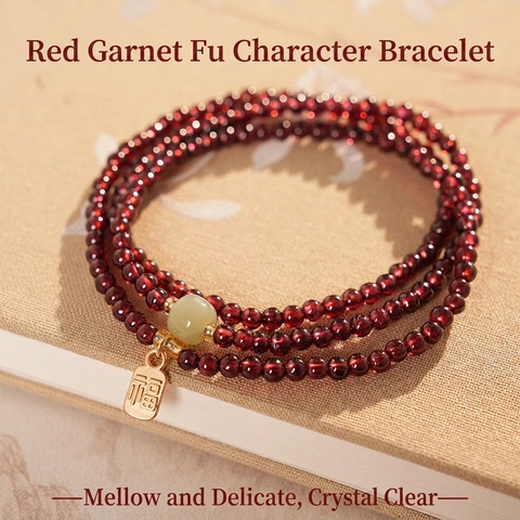 Red Garnet Hetian Jade Beaded Bracelet Multi Loop Hand String With Copper Gold Fu Pendant New Chinese Vintage For Women
