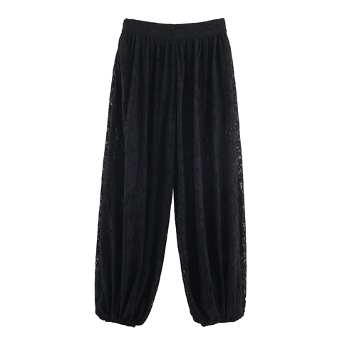 Damen Spitze Ballonhose Hohe Taille Locker Durchsichtig Ausgehöhlt Lässige Modehose Schwarz
