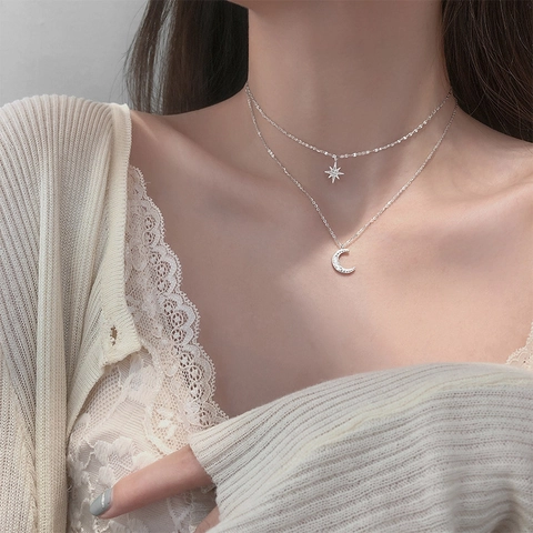 Collana A Doppio Strato Con Stella A Otto Punte E Mezza Luna Lega Zircone Placcato Argento Gioielli Per Donna