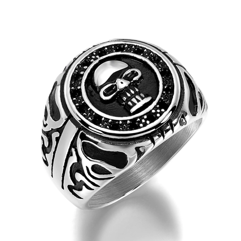 Anello Biker in Acciaio Inossidabile Vintage con Teschio per Uomo Gothic Punk Personalità Cappello da Cowboy Corona Anello da Uomo