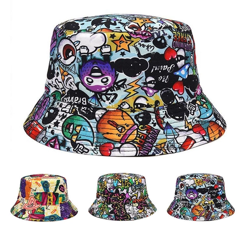 Graffiti Bucket Hat Acrylic Double Sided Full Print Cartoon Streetwear Hip Hop Sun Protection Outdoor For Women Men
