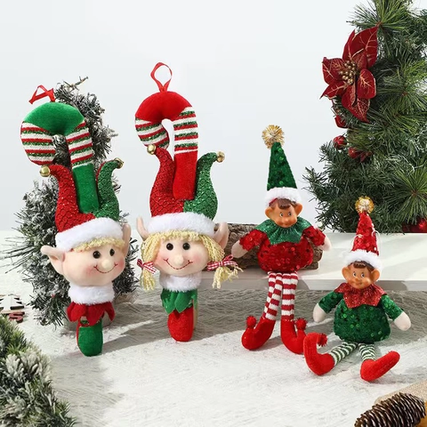 Bambola Elfo Di Natale Ornamenti Da Appendere Paillettes Peluche Statuina Seduta Decorazione Festiva Casa Rosso Verde Bianco