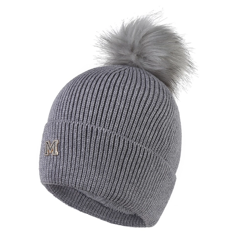 Gorro De Punto De Invierno Con Pompon De Piel Sintetica Forro Polar Calido Proteccion Oidos Parche Letra M Diamantes