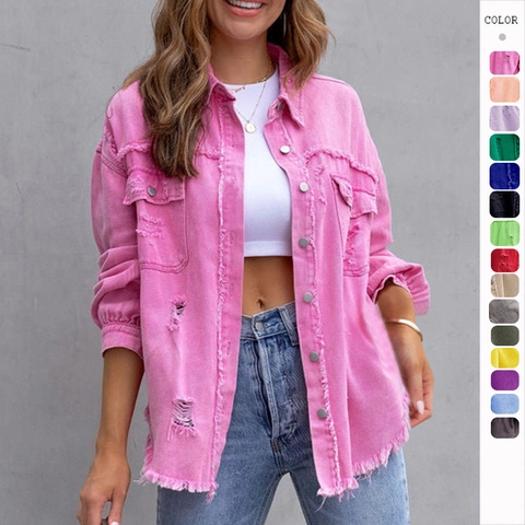 Dames Distressed Denim Jas Lange Mouwen Gerafelde Zoom Gescheurde Spijkerjas Loose Fit Casual Streetwear Revers Knoopsluiting