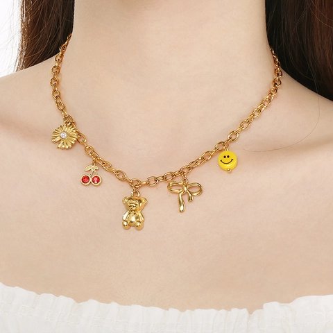 Fashion Stainless Steel Necklace For Women Multi Pendant Lion Head Flower Butterfly Bear Cuban Chain Jewelry
