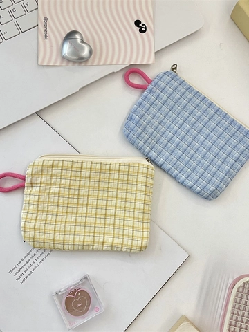 Plaid Coin Purse Polyester Canvas Zipper Pouch Pink Rope Handle Small Makeup Storage Portable Korean Style Women