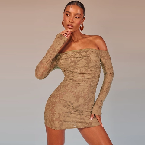 Vestito Mini Spalle Scoperte Manica Lunga Jacquard Floreale 3D Aderente Maglia Sexy Schiena Scoperta Donna
