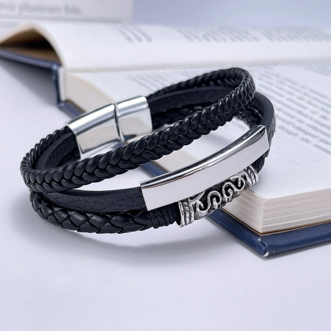 Pulsera De Cuero Trenzado Multicapa Para Hombre Con Cierre Magnético De Acero Inoxidable Joyería Retro