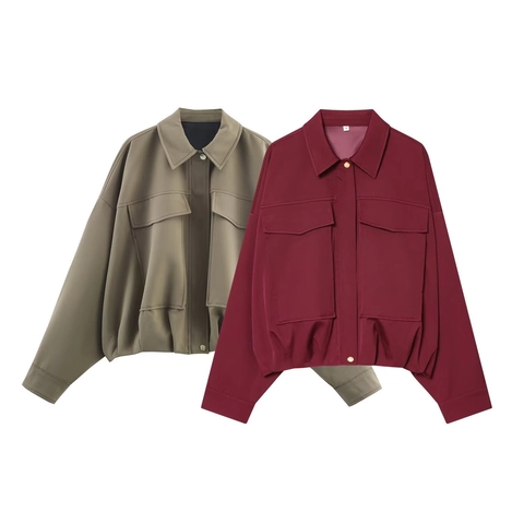 Veste Bomber Courte Femme Polyester Style Workwear Fermeture Éclair Poche Décontractée