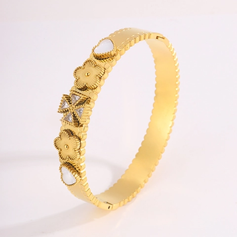 Vintage Gold Stainless Steel Bangle Heart White Shell Inlay Flower Zircon Star Luxury Fashion Bracelet For Women