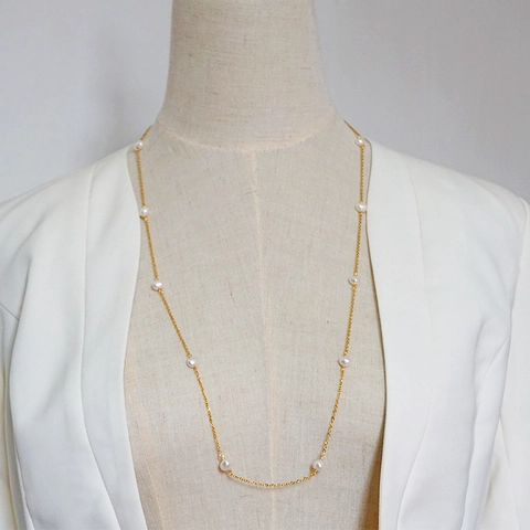 Baroque Freshwater Pearl Long Necklace Titanium Steel Gold Chain Elegant Retro French Jewelry Accessory For Women