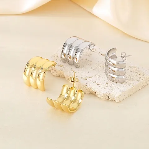 Boucles D'oreilles Créoles En Forme De C Pour Femmes Acier Inoxydable Plaqué Or 18K Triple Rangée Géométrique Minimaliste Bijoux