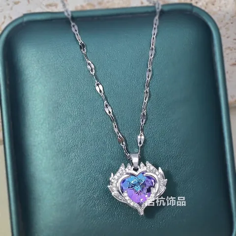 Titanium Steel Heart Of Ocean Necklace For Women Gradient Zirconia Pendant Wing Design Elegant Jewelry Gift