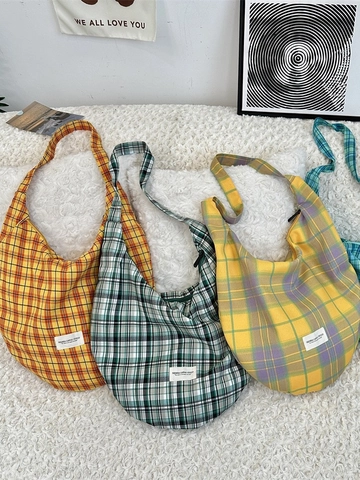 Damen Plaid Segeltuch Hobo Schultertasche Große Kapazität Retro Karomuster Tote Für Studentinnen Alltag Freizeit Rits