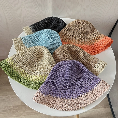 Handmade Crochet Paper Straw Bucket Hat For Women Gradient Color Block Foldable Wide Brim Summer Beach Sun Hat Chic