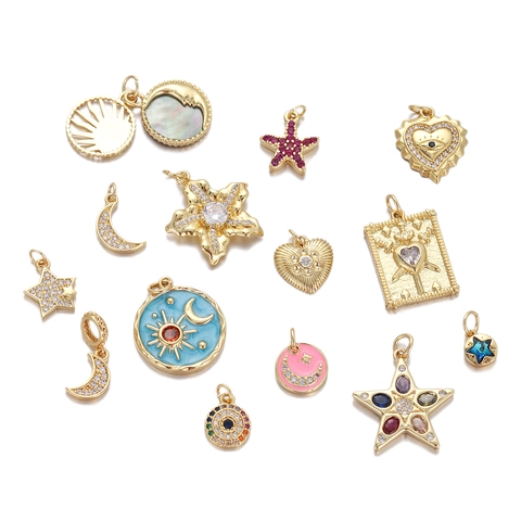 Gold Plated Copper Celestial Pendant Charm Sun Moon Star Evil Eye Enamel Zircon For DIY Jewelry Making Necklace