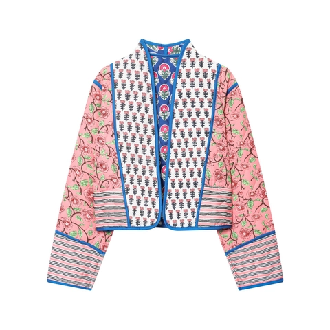 Veste Matelassée Patchwork Bohème Femmes Imprimé Fleuri Col En V Coton Polyester Vêtement Court Style Ethnique Vintage