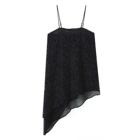 Damen Spitze Camisole Top Sexy Asymmetrischer Saum Spaghettiträger Slim Fit Transparent Chiffon Patchwork Chic Streetwear