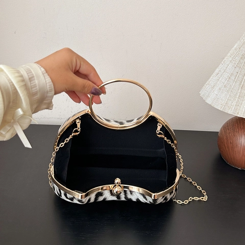 Luipaardprint Avondtas Dames Harde Schaal Clutch Met Gouden Metalen Handvat En Ketting Schoudertas Mode Feest