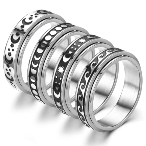 Stainless Steel Spinner Ring Sun Moon Star Wave Pattern Anxiety Relief Stress Reducer Band Retro Punk Jewelry For Men Women