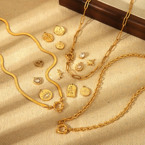 Stainless Steel Gold Plated Charms Pendants With Cubic Zirconia Sun Moon Heart Evil Eye For DIY Jewelry Making Accessories