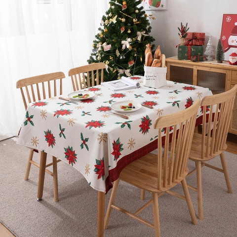 Mantel De Navidad Rectangular Poliéster Impermeable Festivo Poinsettia Reno Copo De Nieve Decoración De Mesa Cubierta Comedor