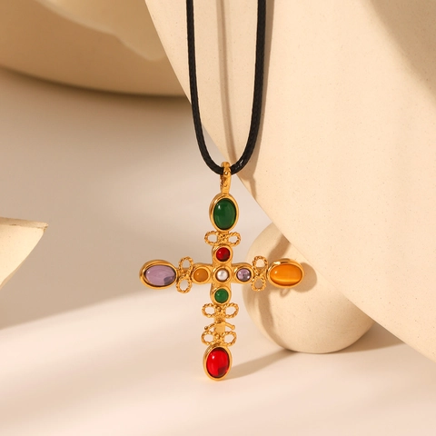 Roestvrijstalen Kruis Hanger Ketting Met Gekleurde Edelstenen Kunstparel Vintage High End Byzantijnse Stijl Voor Dames