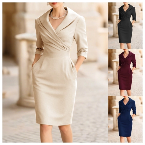 Women Elegant V Neck Midi Dress Elastic Polyester Slim Fit Office Work Dress With Pockets Solid Color High Waist