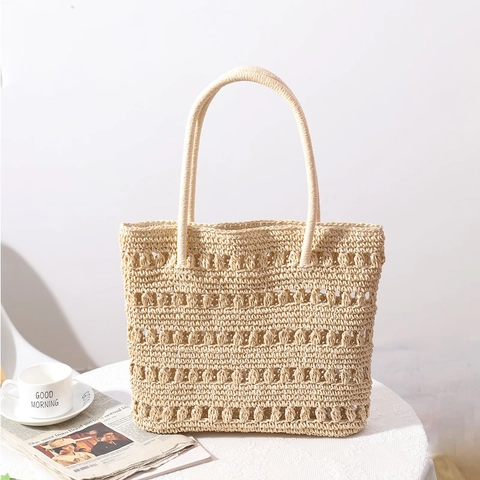 Bolso De Mano De Paja Calado Vacaciones De Verano En La Playa Bolso De Hombro Elegante Estilo Coreano Bolso Grande Para Mujer