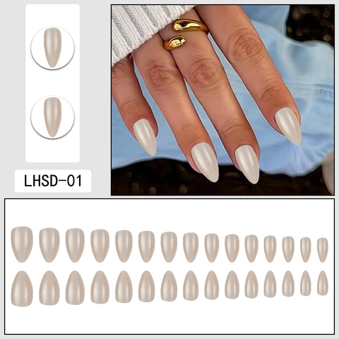 Press On Nails Almond Shape Nude Milk Tea Color Glossy Solid Color Detachable Full Cover Artificial Fingernails Women