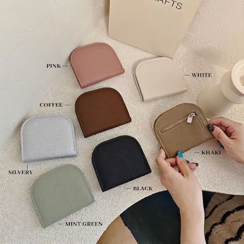 Mini Semi Circular Coin Purse Lychee Grain PU Leather Small Zipper Card Holder Minimalist Solid Color Wallet For Women Students