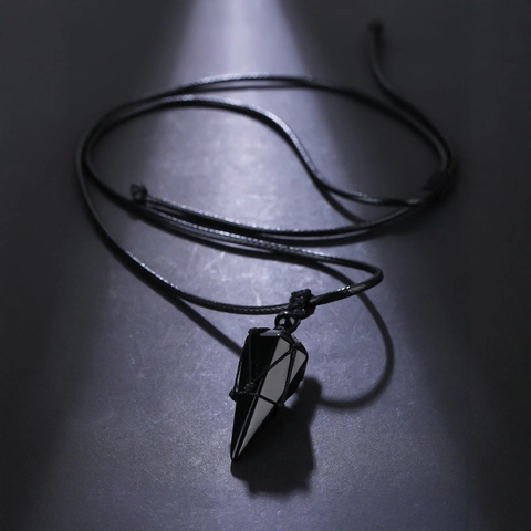 Natural Obsidian Amethyst Pendulum Pendant Necklace Hexagonal Pillar Gemstone Handmade Woven Rope For Men Women
