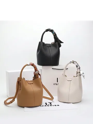 Women Genuine Leather Bucket Bag Lychee Pattern Cowhide Handbag With Satin Scarf Handle Large Capacity Shoulder Crossbody